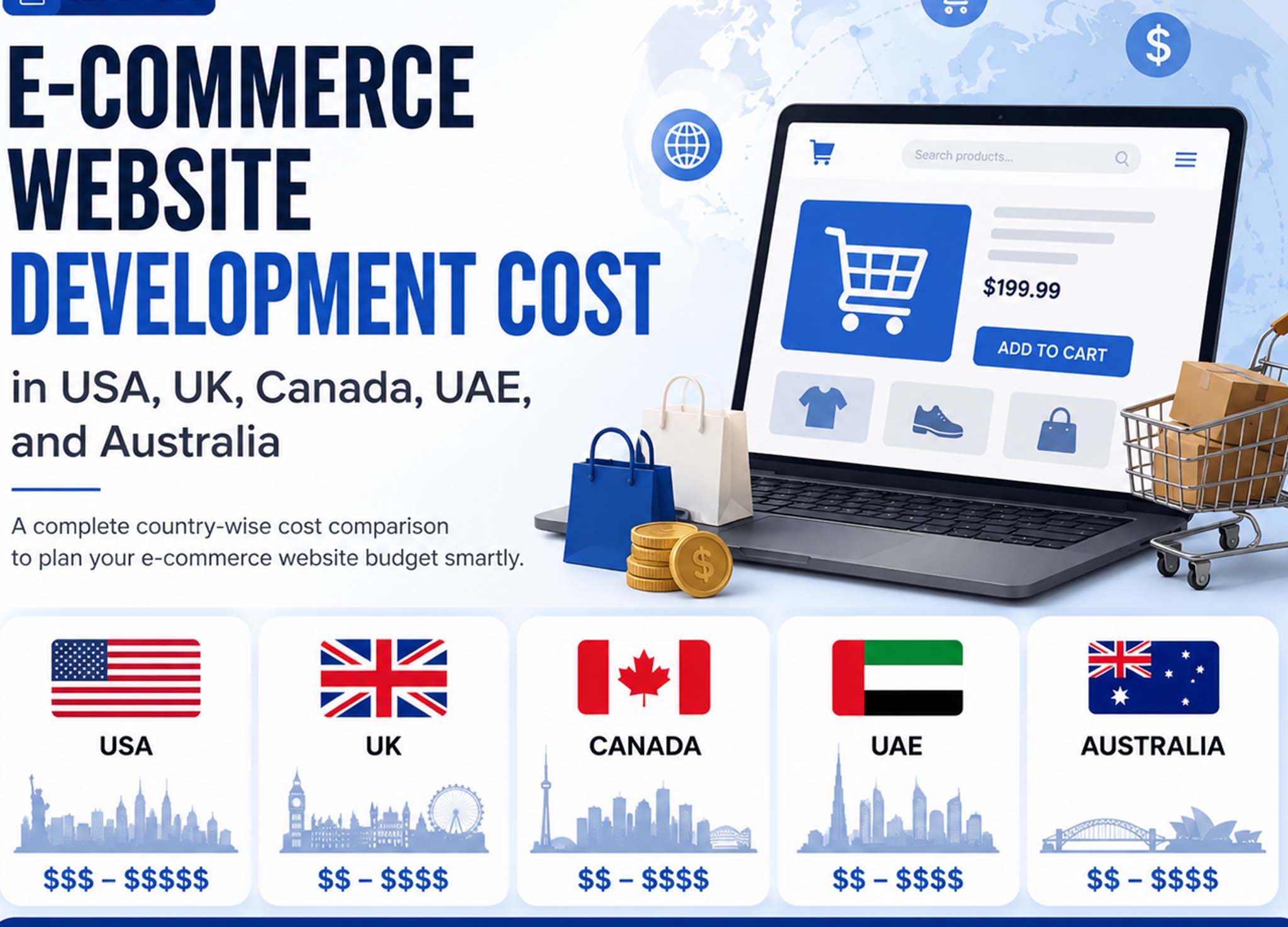 E-Commerce Website Development Cost in USA, UK, Canada, UAE, and Australia comparison infographic showing global web design pricing and online store development costs in 2026.