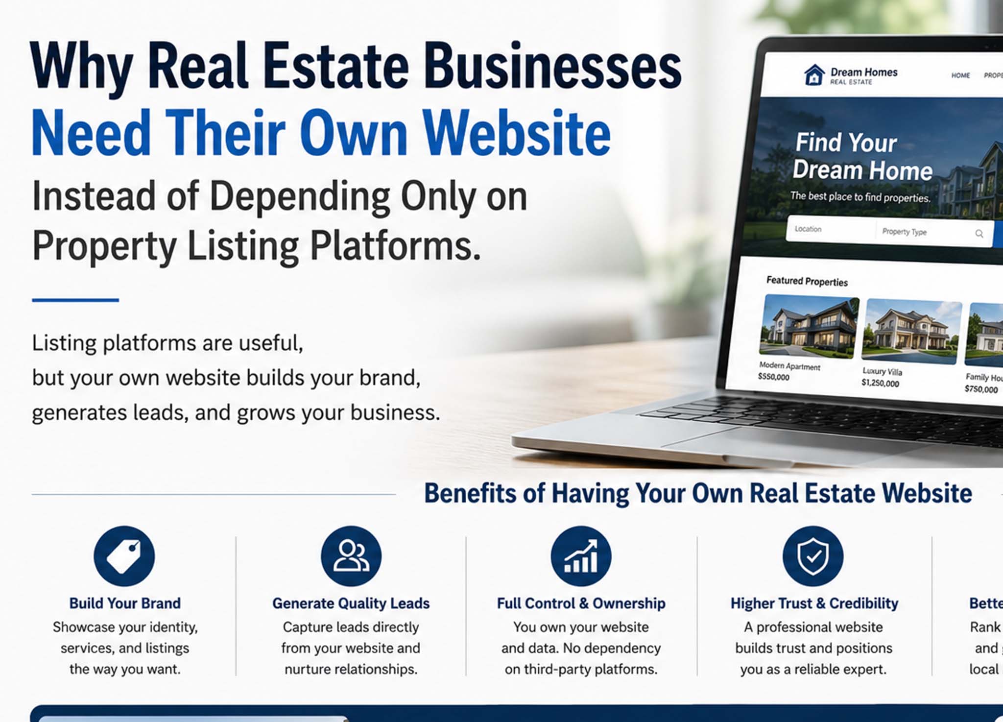 Professional real estate website design comparison showing why property businesses need their own website instead of relying only on listing platforms for branding, SEO, and lead generation.